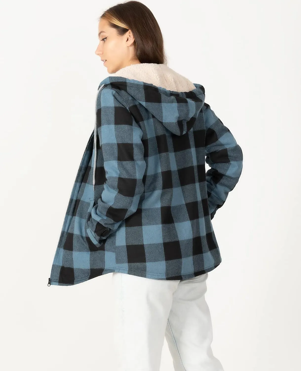 ZENTHACE Womens Sherpa Lined Flannel Jacket Full Zip Up Hooded Flannel Plaid Shirt Jacket with Side Pockets