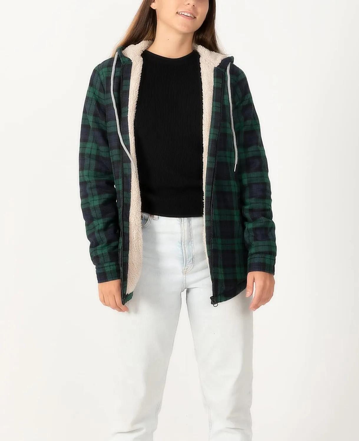 ZENTHACE Womens Sherpa Lined Flannel Jacket Full Zip Up Hooded Flannel Plaid Shirt Jacket with Side Pockets