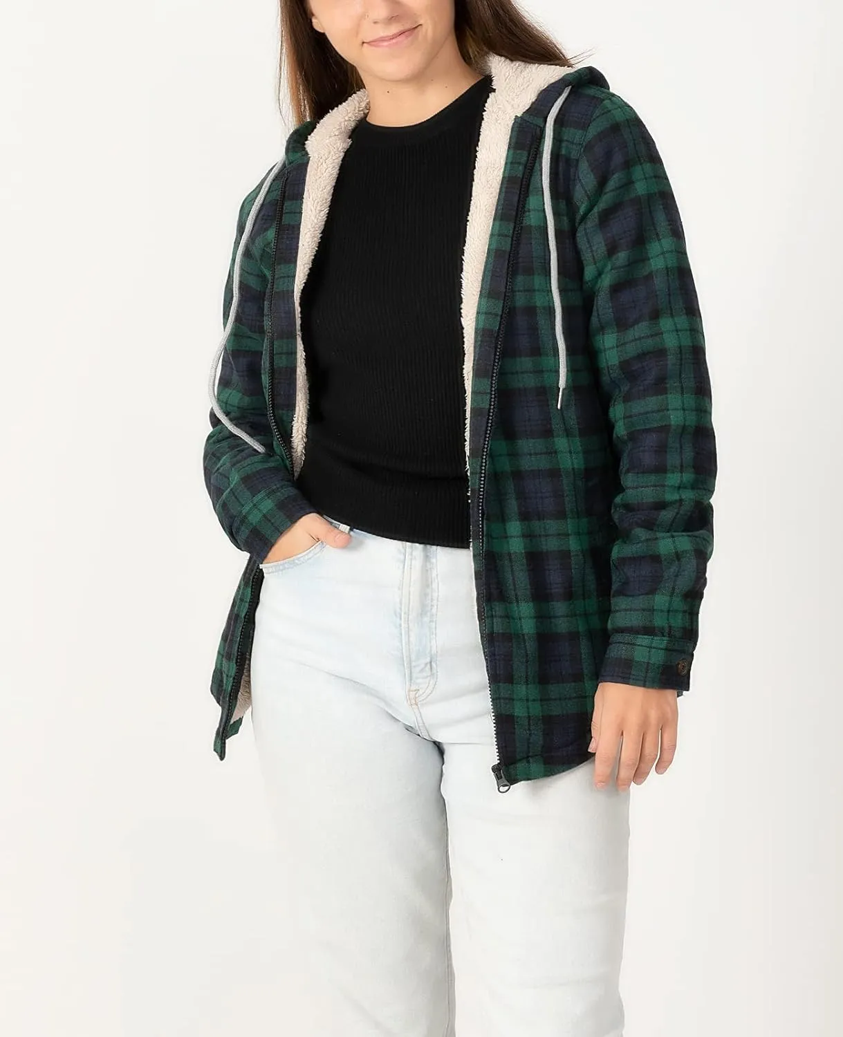 ZENTHACE Womens Sherpa Lined Flannel Jacket Full Zip Up Hooded Flannel Plaid Shirt Jacket with Side Pockets
