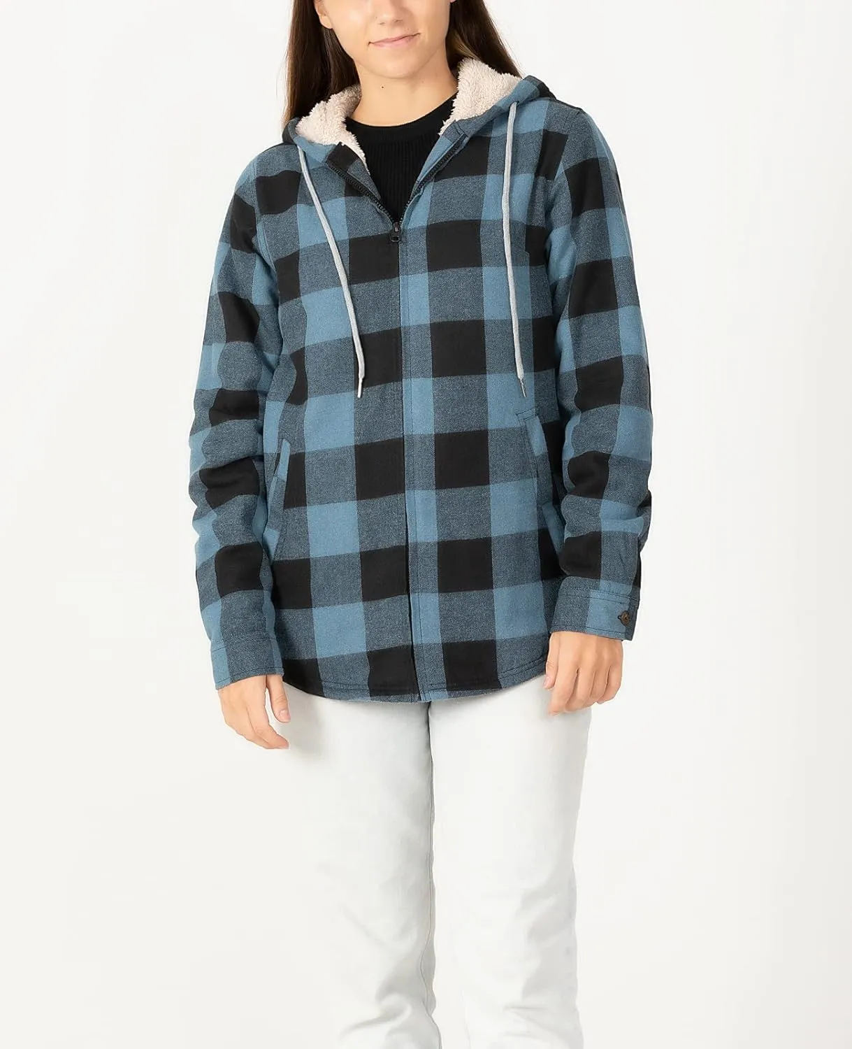 ZENTHACE Womens Sherpa Lined Flannel Jacket Full Zip Up Hooded Flannel Plaid Shirt Jacket with Side Pockets