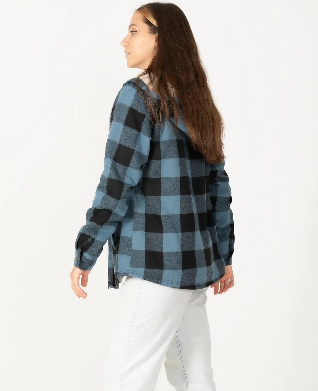 ZENTHACE Womens Sherpa Lined Flannel Jacket Full Zip Up Hooded Flannel Plaid Shirt Jacket with Side Pockets