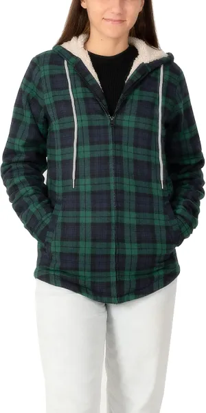 ZENTHACE Womens Sherpa Lined Flannel Jacket Full Zip Up Hooded Flannel Plaid Shirt Jacket with Side Pockets