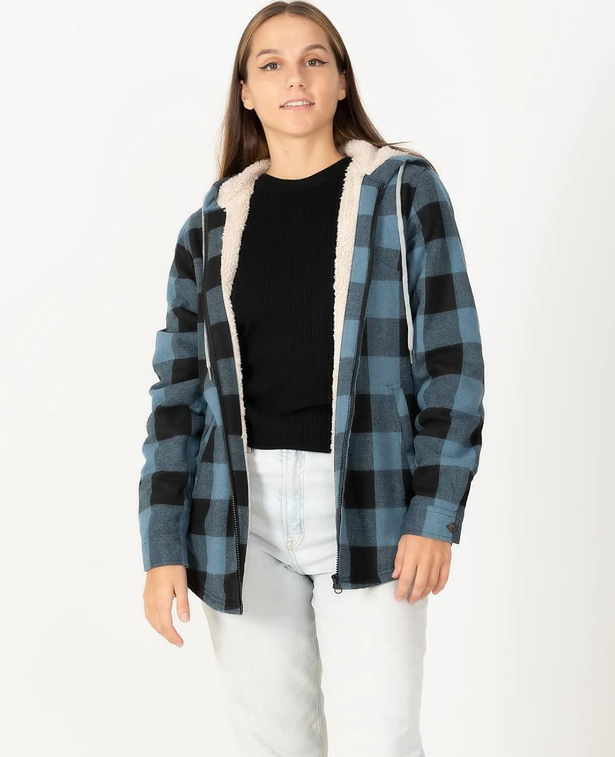 ZENTHACE Womens Sherpa Lined Flannel Jacket Full Zip Up Hooded Flannel Plaid Shirt Jacket with Side Pockets