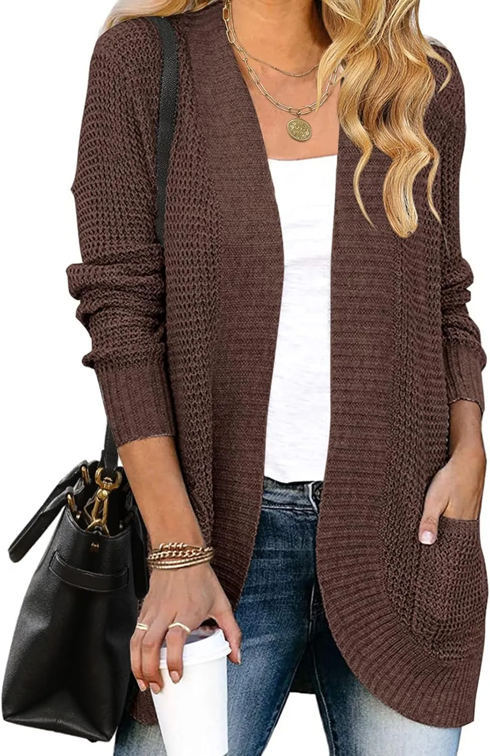 ZESICA Women's Fall Winter Long Sleeve Open Front Casual Lightweight Soft Knit Cardigan Sweater Outerwear