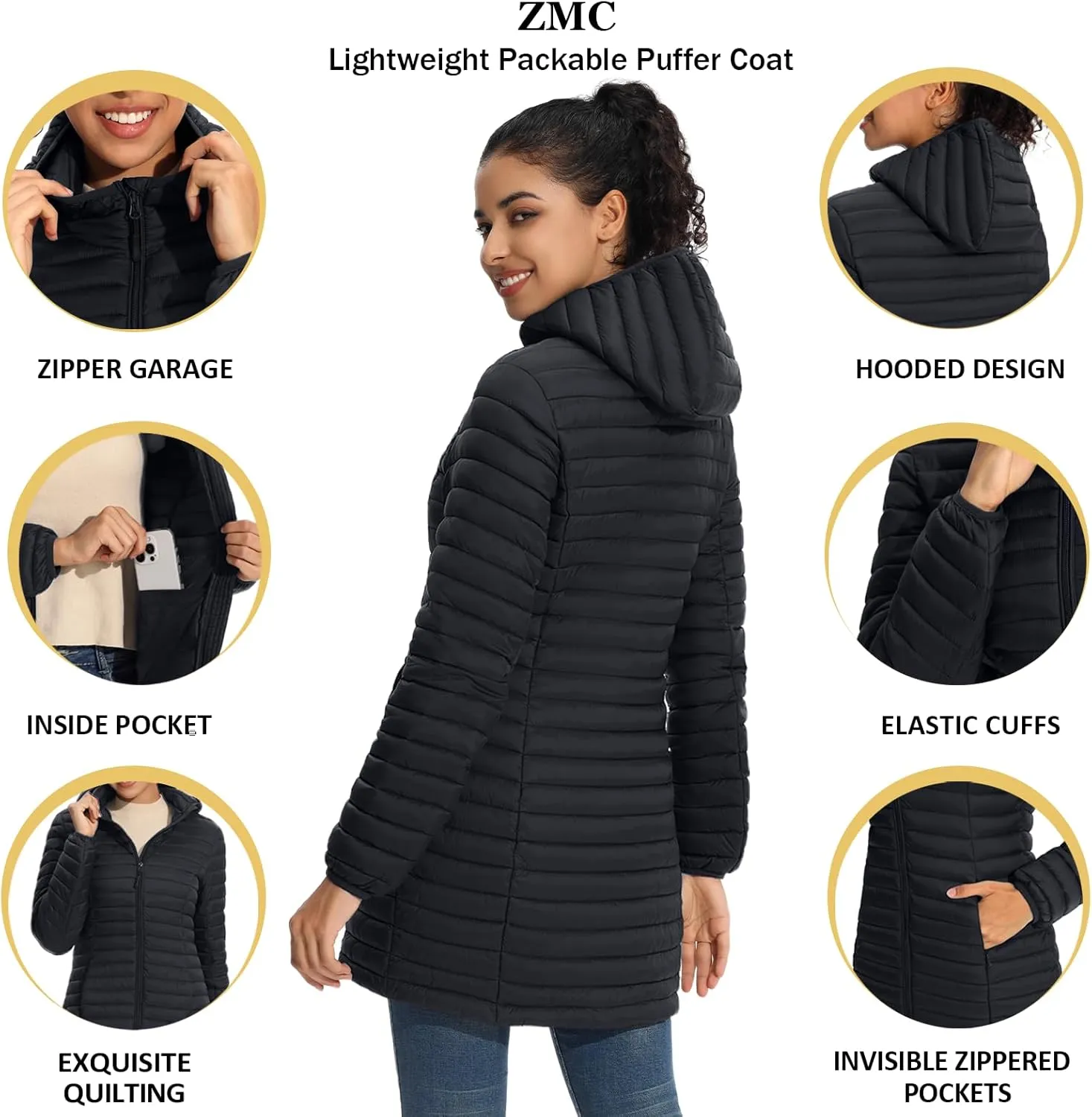 ZMC Packable Women Puffer Coat, Lightweight Puffer Jacket Women Water-Resistant Hooded Slim Fit Women Winter Coat