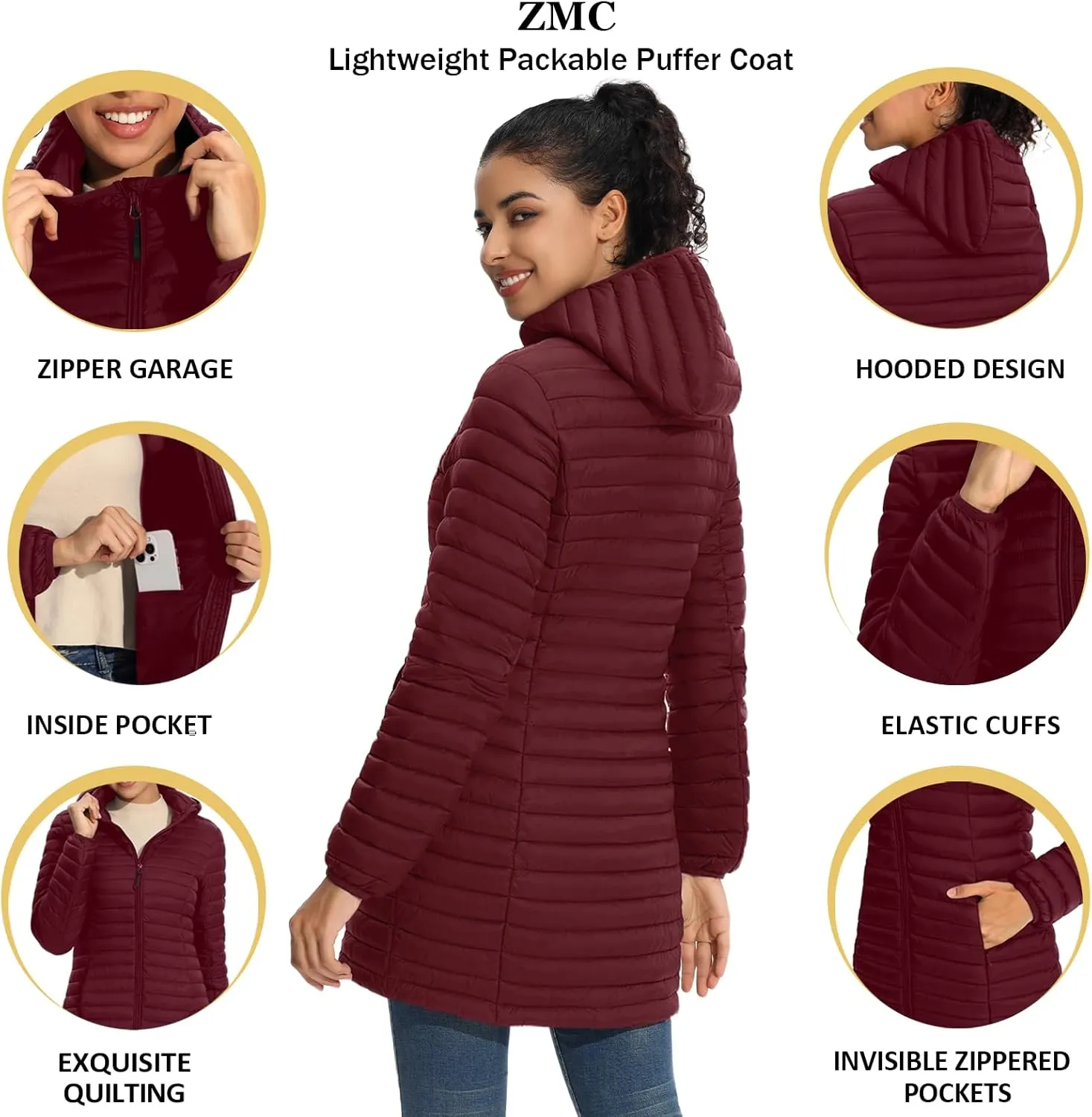 ZMC Packable Women Puffer Coat, Lightweight Puffer Jacket Women Water-Resistant Hooded Slim Fit Women Winter Coat