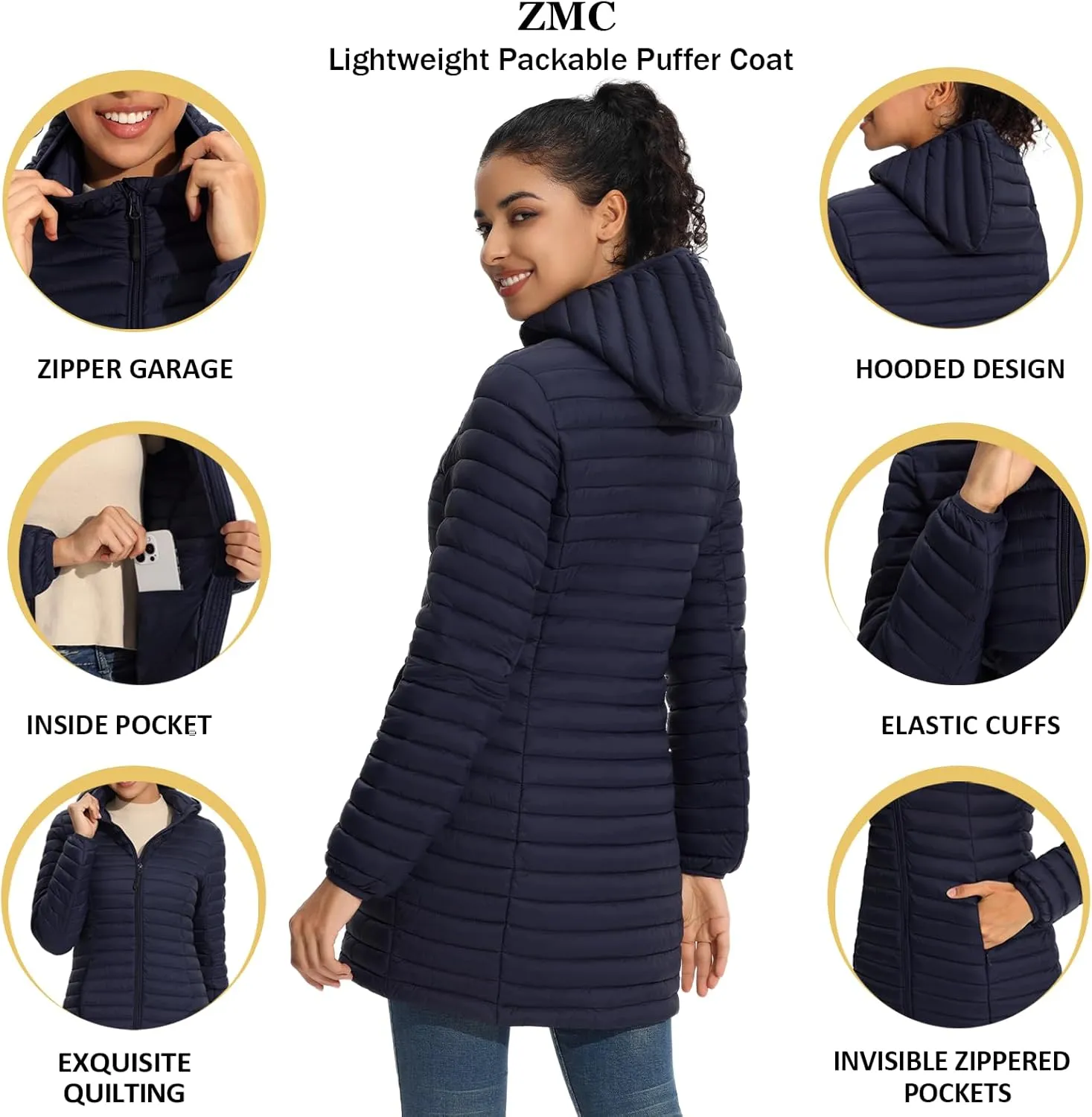 ZMC Packable Women Puffer Coat, Lightweight Puffer Jacket Women Water-Resistant Hooded Slim Fit Women Winter Coat