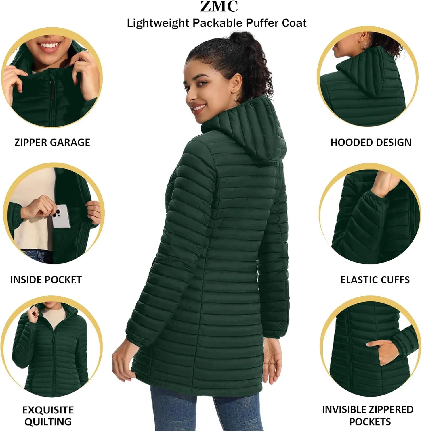 ZMC Packable Women Puffer Coat, Lightweight Puffer Jacket Women Water-Resistant Hooded Slim Fit Women Winter Coat