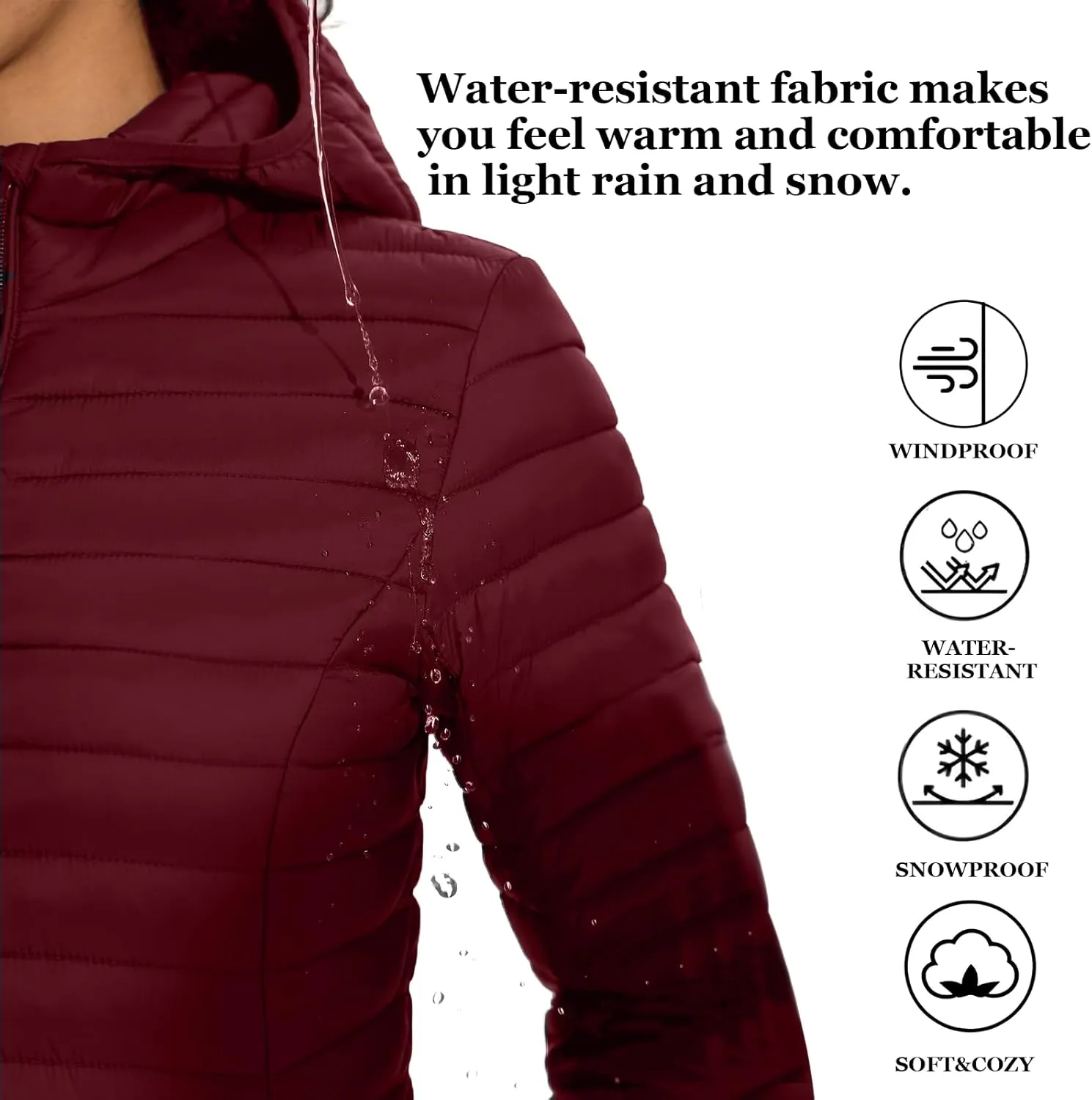 ZMC Packable Women Puffer Coat, Lightweight Puffer Jacket Women Water-Resistant Hooded Slim Fit Women Winter Coat
