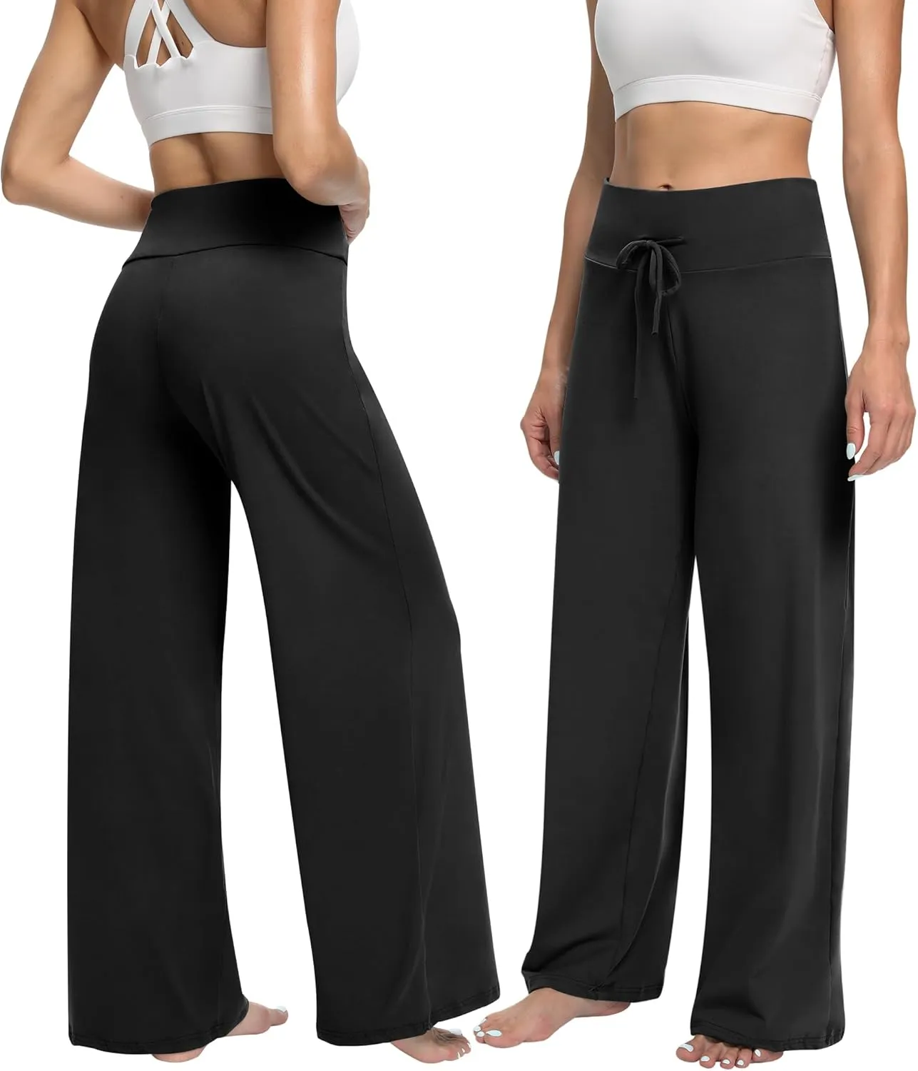 ZOOSIXX Soft Black Pajama Pants for Women, Wide Leg Comfy Casual Lounge Yoga Capri Pants 22'' / 30''